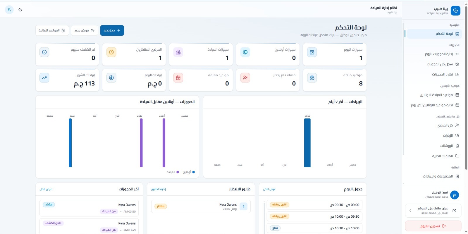 لوحة التحكم الاساسيه في نظام إدارة العيادة